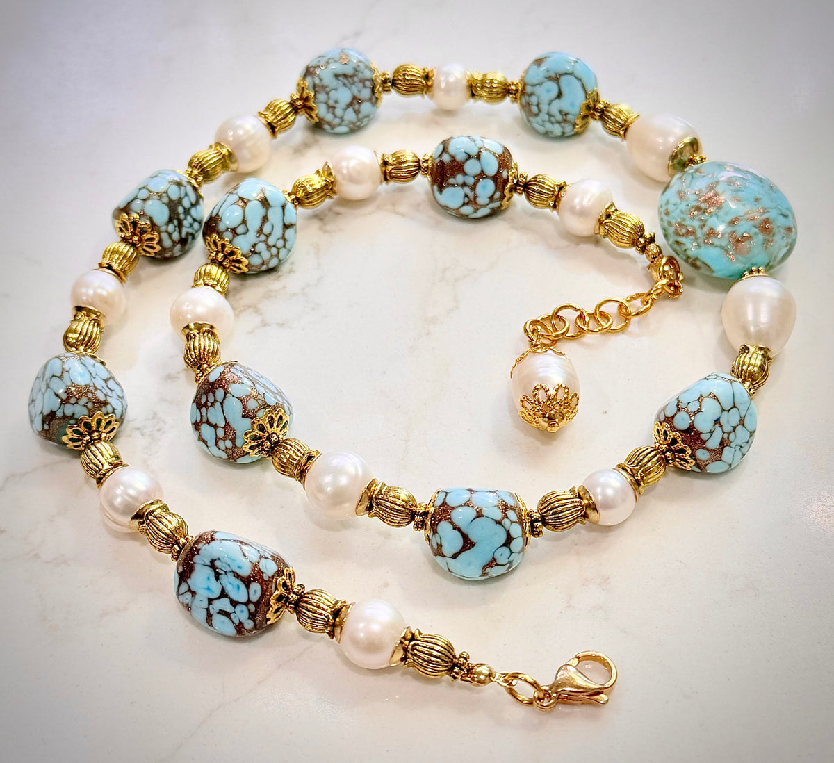 Rosario Leonardi Vintage Faux Turquoise Aventurine, Large Murano  Sommerso Focal Bead & White Freshwater Pearl Necklace