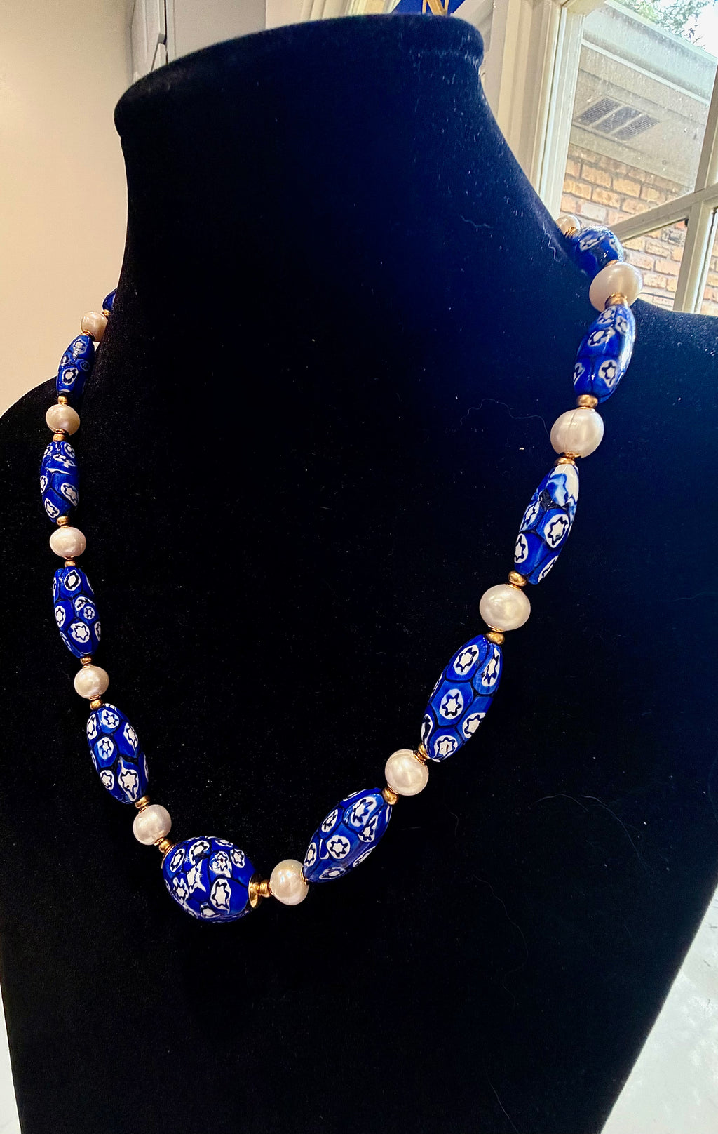 One Of A Kind 22”Blue & White Murano Glass Beads Paired with Fine White Freshwater Pears