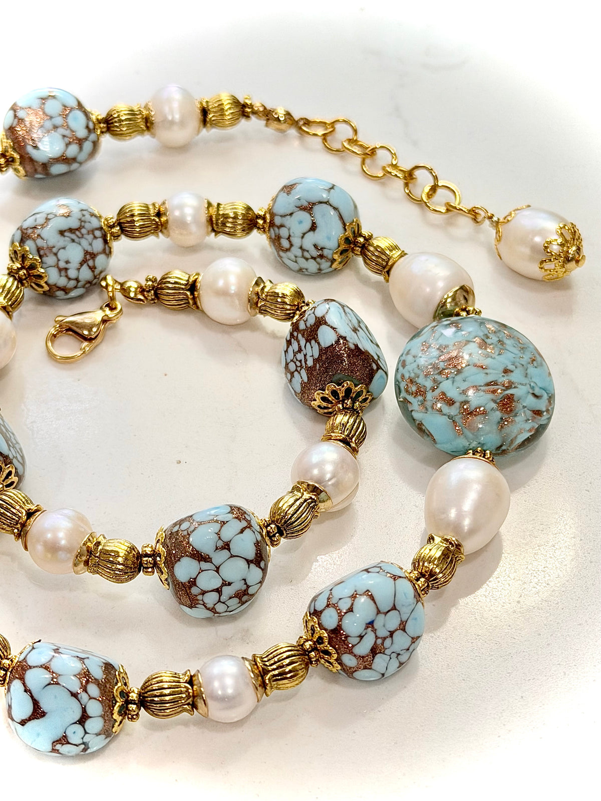 Rosario Leonardi Vintage Faux Turquoise Aventurine, Large Murano  Sommerso Focal Bead & White Freshwater Pearl Necklace