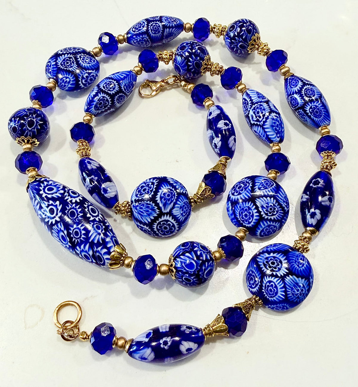 Rosario Leonardi Exclusive Ercole Moretti Cobalt Blue/ White Murano Millefiori Beaded Necklace-Choose your lenght