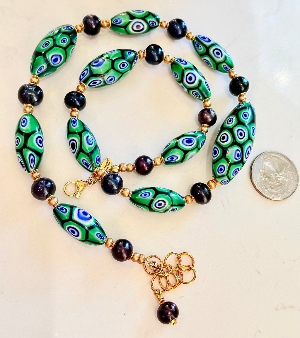 Rosario Leonardi Dramatic Green & Navy Themed 22” Necklace Featuring Black Freshwater Pearls
