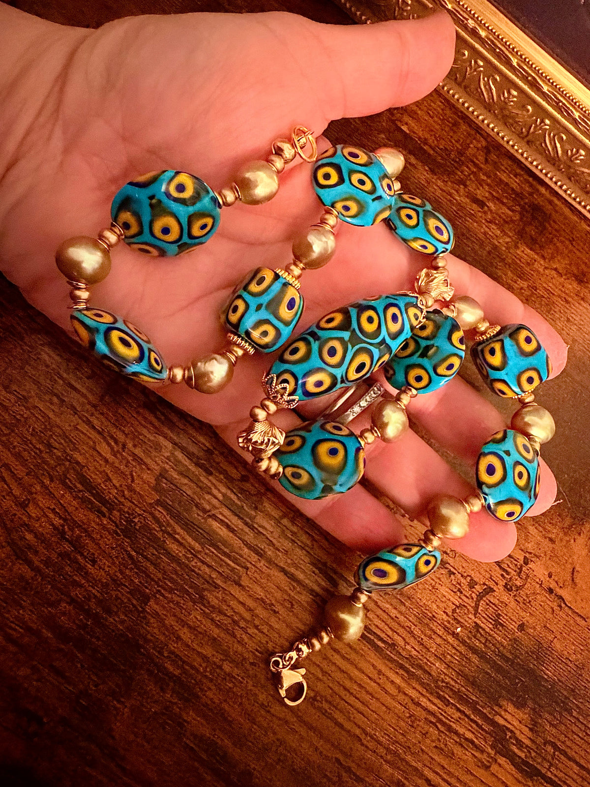 Rosario Leonardi Aqua & Yellow Themed Necklace Gold Freshwater Pearls