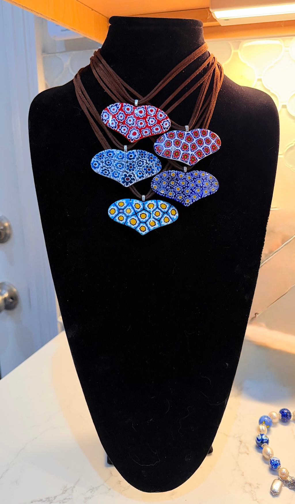 One of a Kind Moretti Heart Shaped Pendants on Strung on Chocolate Brown Vegan Suede With Freshwater Pearl Closure