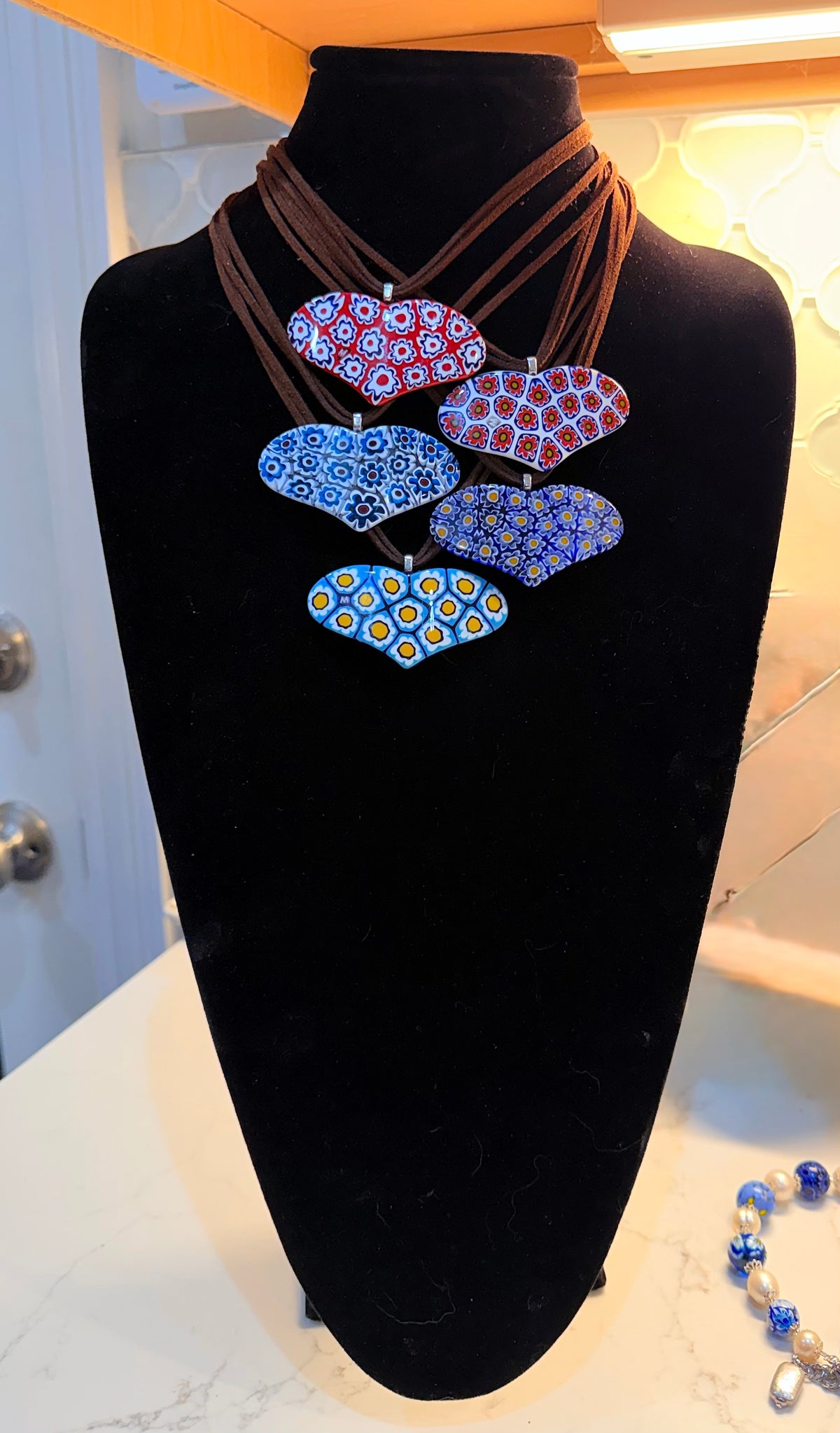 One of a Kind Moretti Heart Shaped Pendants on Strung on Chocolate Brown Vegan Suede With Freshwater Pearl Closure