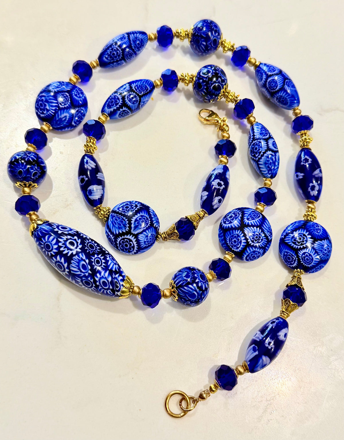 Rosario Leonardi Exclusive Ercole Moretti Cobalt Blue/ White Murano Millefiori Beaded Necklace-Choose your lenght