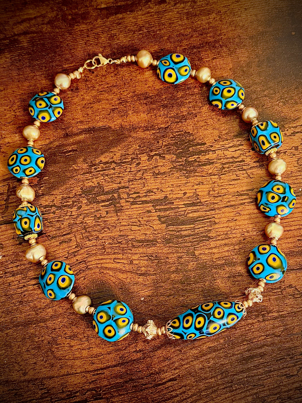 Rosario Leonardi Aqua & Yellow Themed Necklace Gold Freshwater Pearls