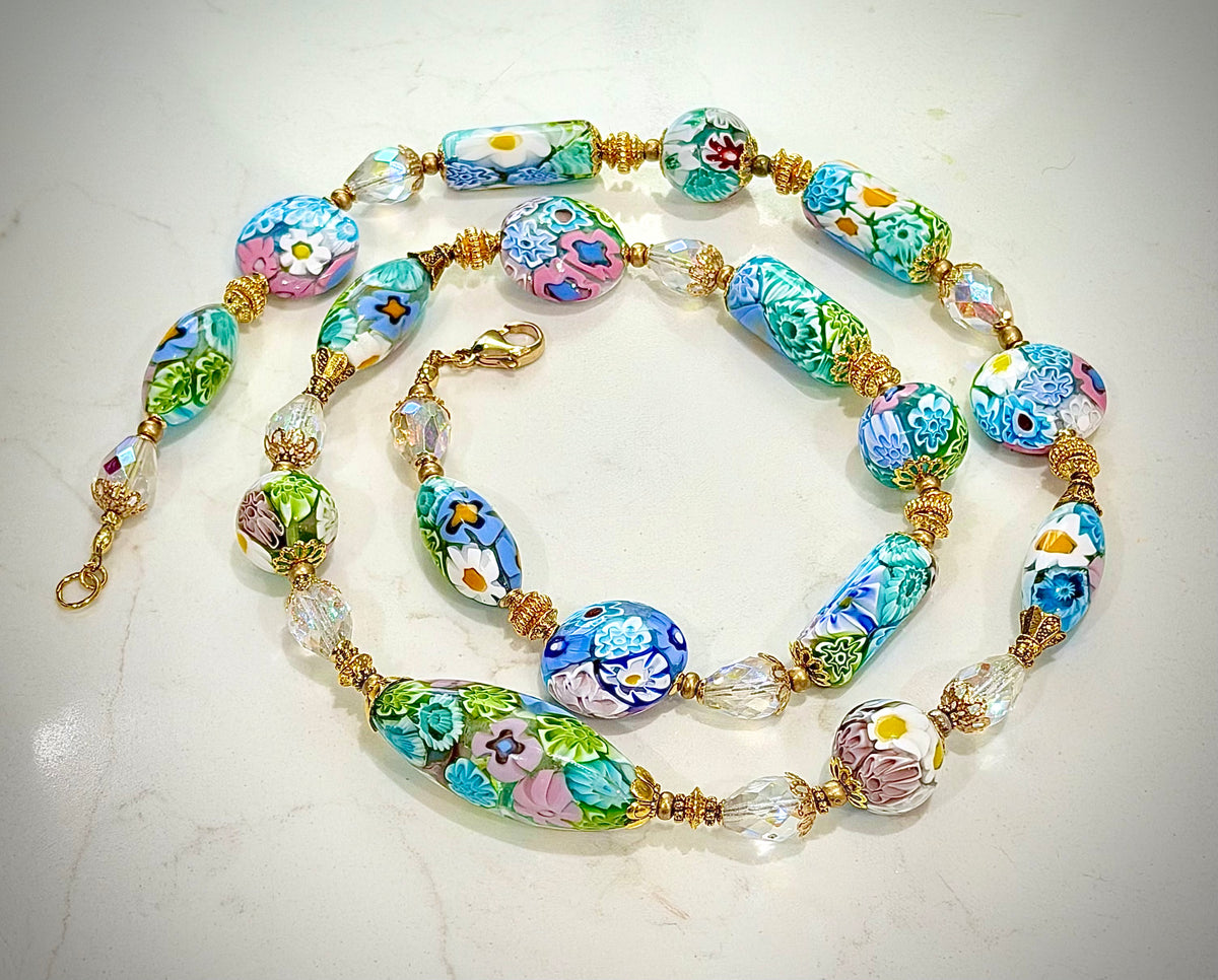 Pastel Lace Matched Millefiori Murano Glass Necklace Featuring Moretti Beads