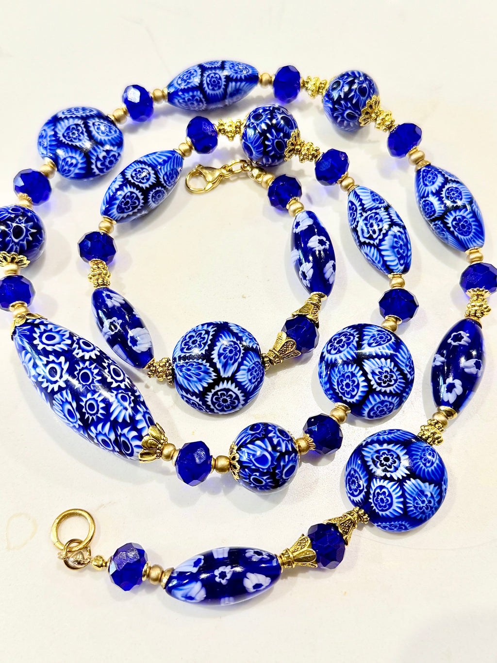 Rosario Leonardi Exclusive Ercole Moretti Cobalt Blue/ White Murano Millefiori Beaded Necklace-Choose your lenght