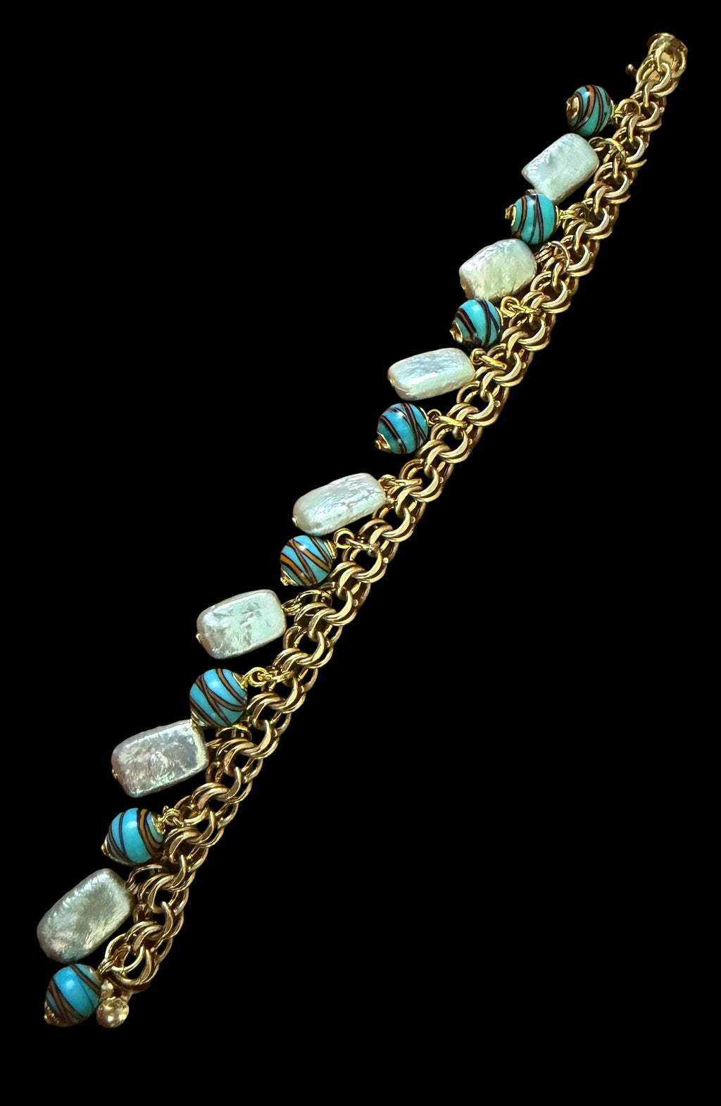 One of a kind 12k GF 1950’s Charm Bracelet Adorned With Rectangular White Freshwater Pearls & Ercole Moretti Aqua Ribbon Beads