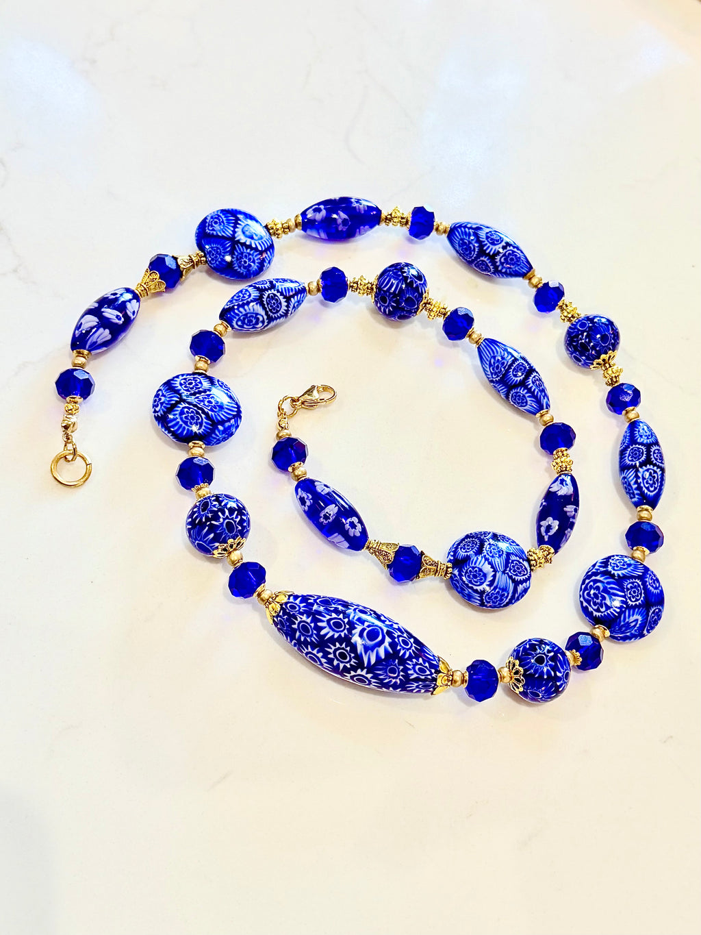 Rosario Leonardi Exclusive Ercole Moretti Cobalt Blue/ White Murano Millefiori Beaded Necklace-Choose your lenght