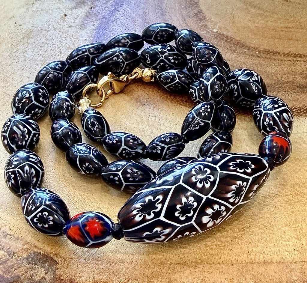 Rosario Leonardi Black & White 20” Featuring Ercole Moretti 1920’s Beads, Including an Extra Large Focal Bead