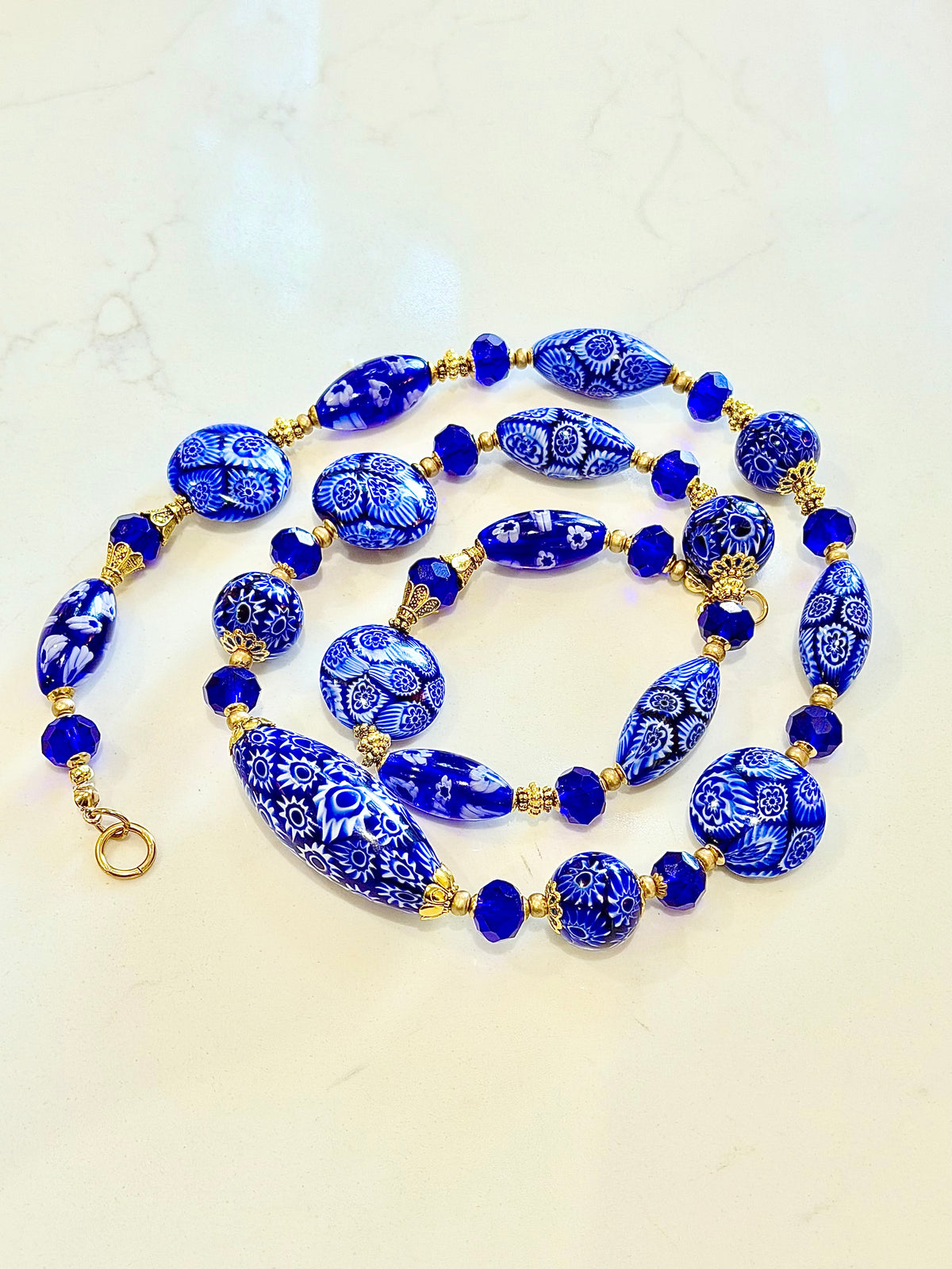 Rosario Leonardi Exclusive Ercole Moretti Cobalt Blue/ White Murano Millefiori Beaded Necklace-Choose your lenght