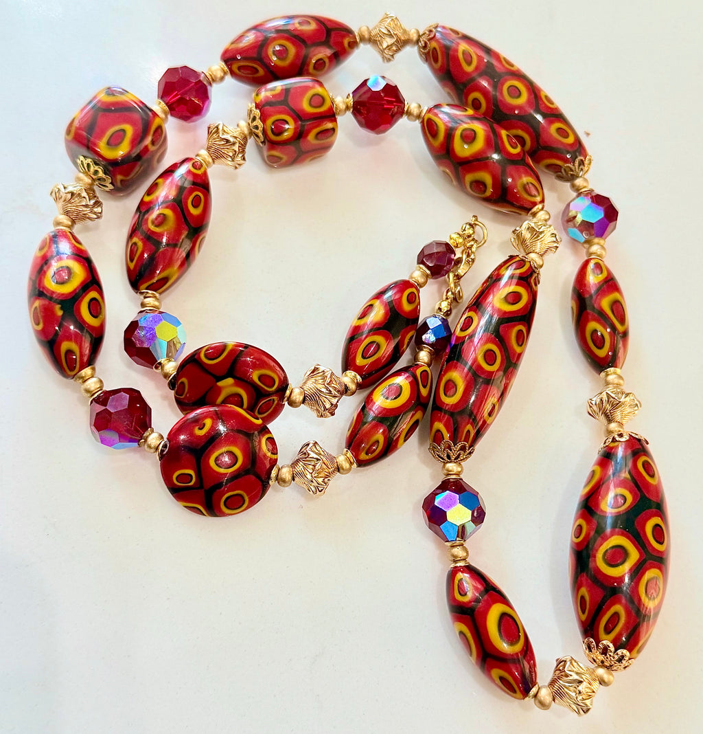 Rosario Leonardi Red & Orange Themed Necklace Featuring 12k GF Lantern Beads, Red A/B Vintage Swarovski Crystals & Exclusive Custom Beads