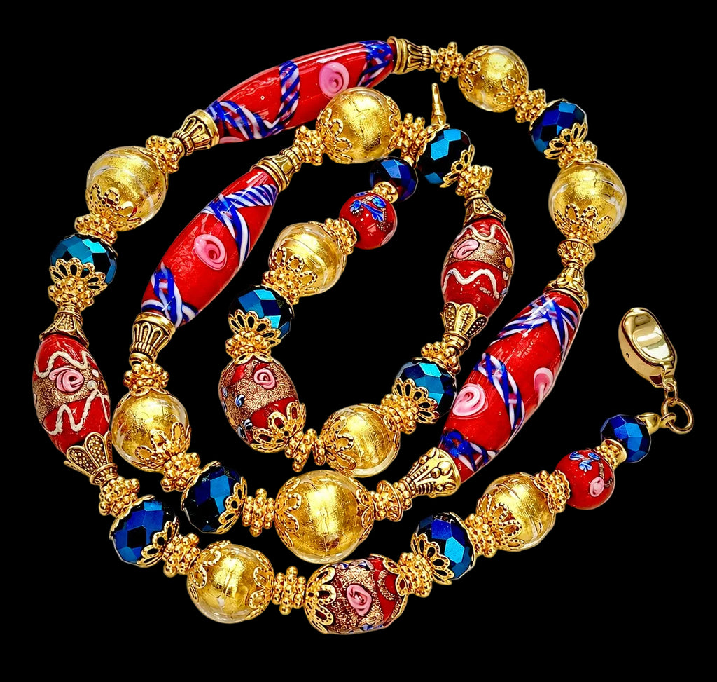 Rosario Leonardi Vintage Red Venetian Wedding Cake & 24K Yellow Gold Glass Beaded Necklace