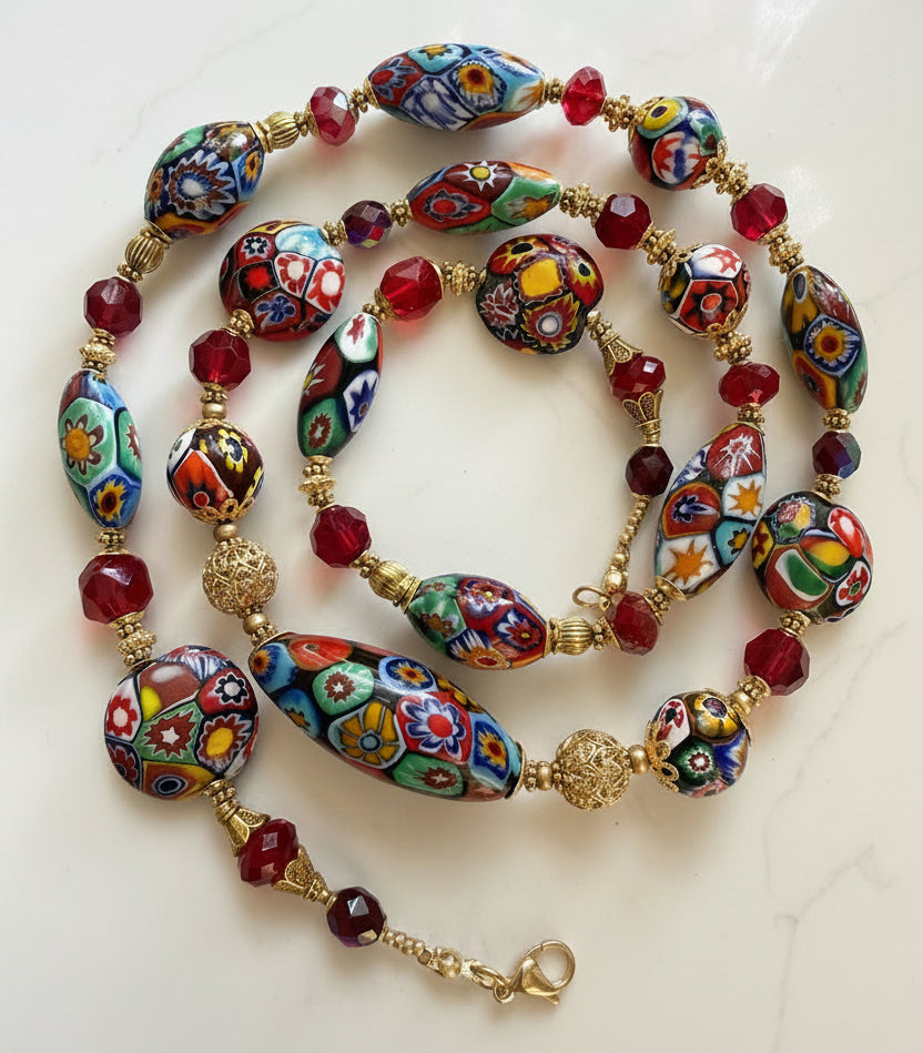 Rosario Leonardi Red Patterned Murano Millefiori Ercole Moretti Beaded Necklace-Choose your lenghti