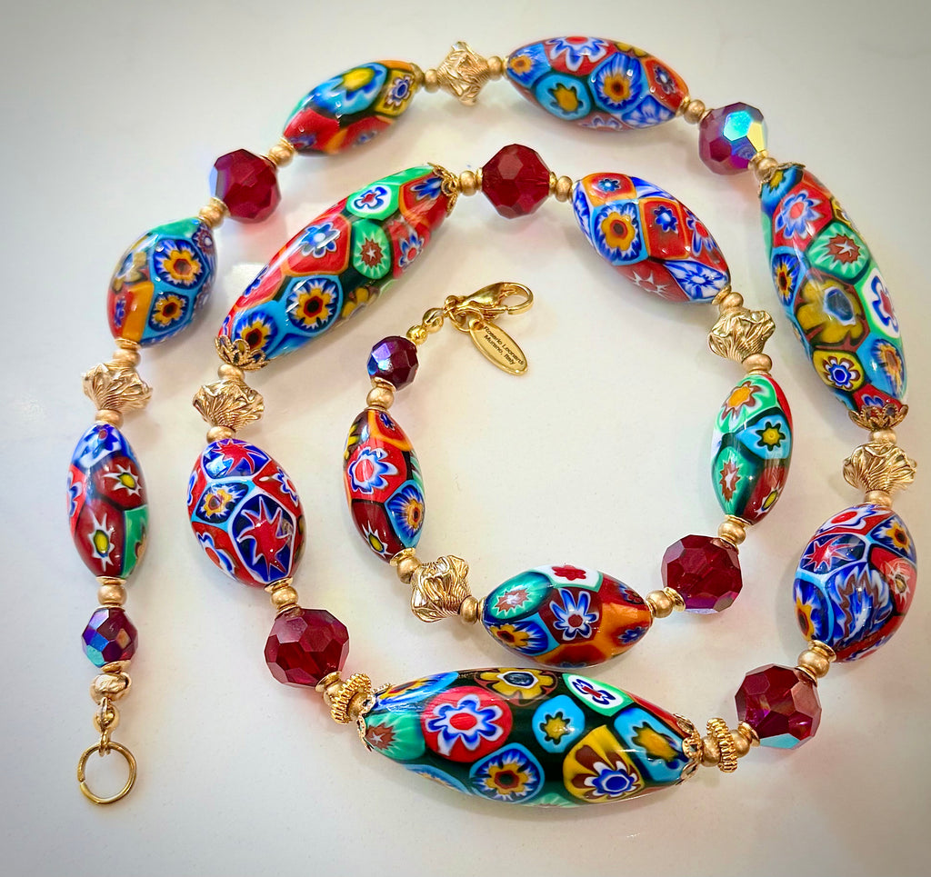 Rosario Leonardi Red Themed Necklace Featuring 12k GF Lantern Beads, Red A/B Vintage Swarovski Crystals & Exclusive Custom Beads Made just for our shop