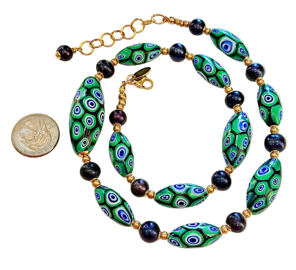 Rosario Leonardi Dramatic Green & Navy Themed 22” Necklace Featuring Black Freshwater Pearls