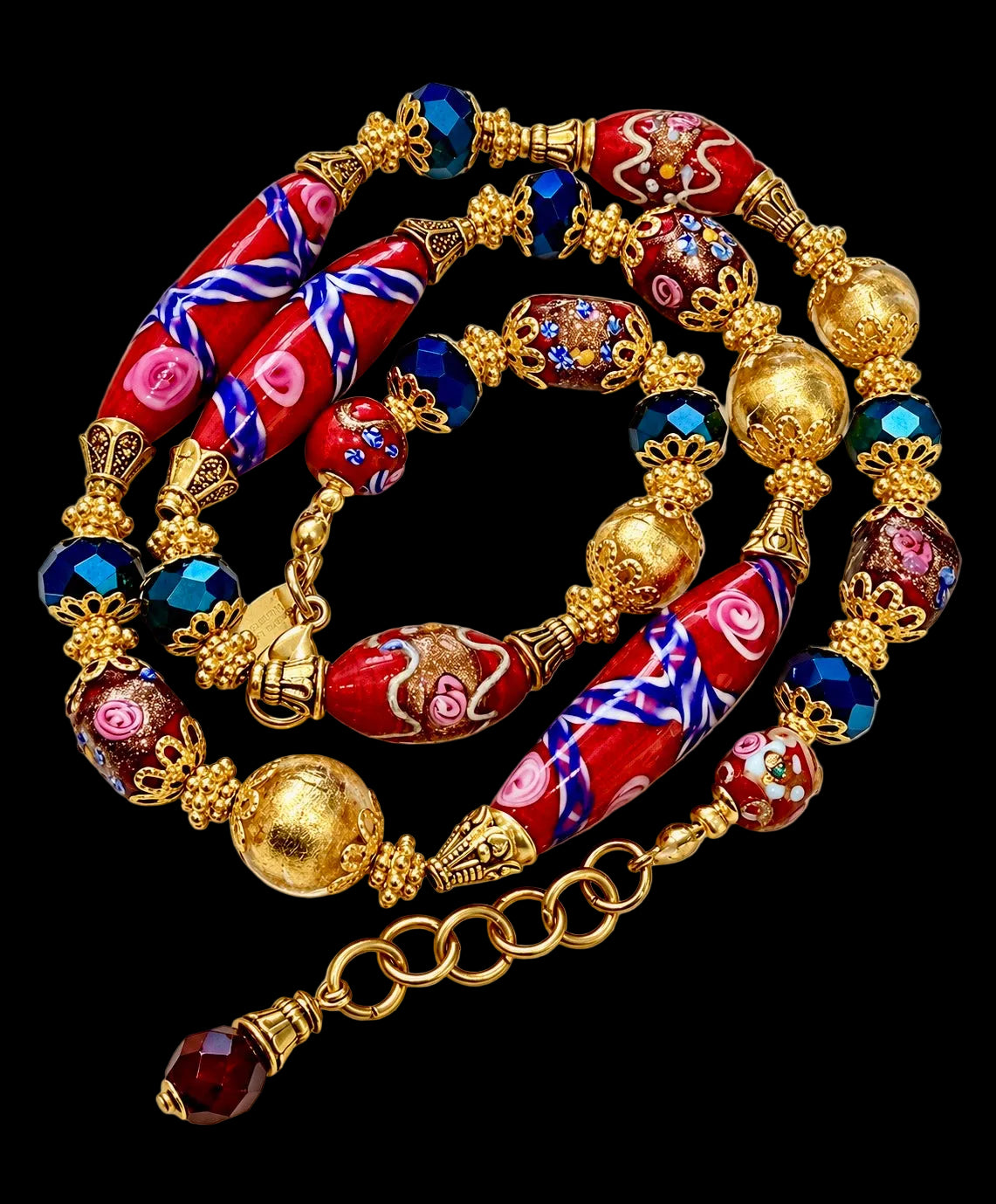 Rosario Leonardi Vintage Red Venetian Wedding Cake & 24K Yellow Gold Glass Beaded Necklace