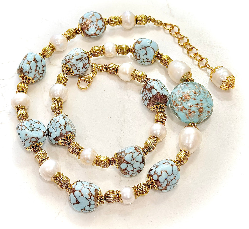 Rosario Leonardi Vintage Faux Turquoise Aventurine, Large Murano  Sommerso Focal Bead & White Freshwater Pearl Necklace
