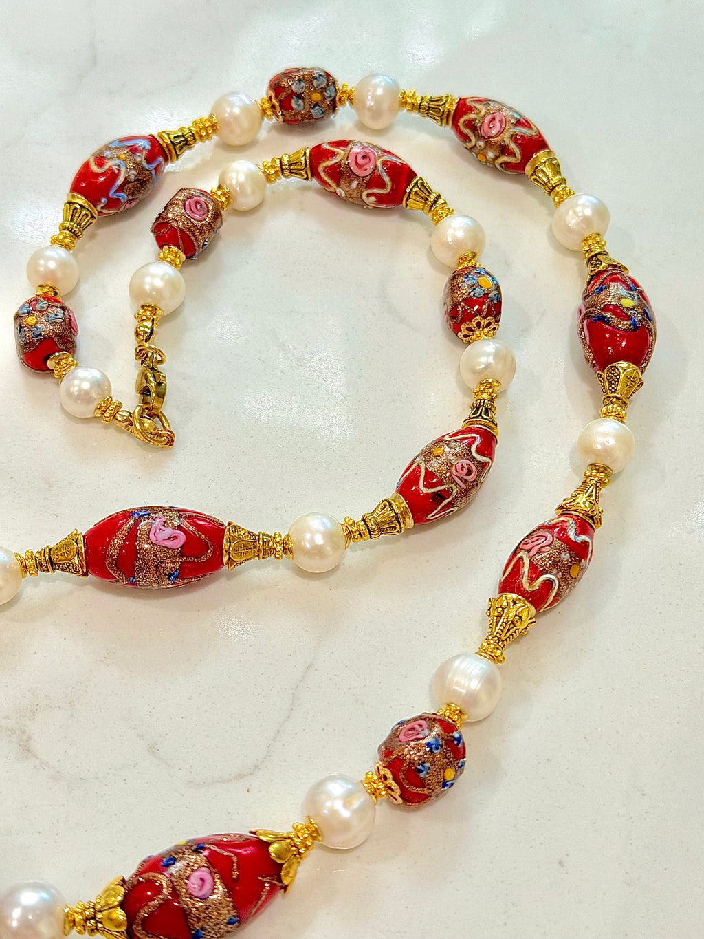 Rosario Leonardi Vintage Red Venetian Wedding Cake & White Freshwater Pearl Beaded Necklace