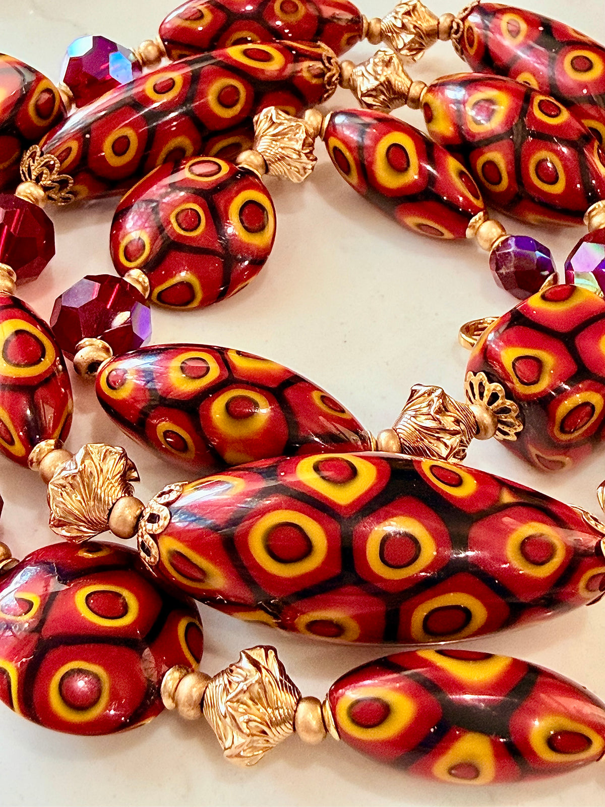 Rosario Leonardi Red & Orange Themed Necklace Featuring 12k GF Lantern Beads, Red A/B Vintage Swarovski Crystals & Exclusive Custom Beads