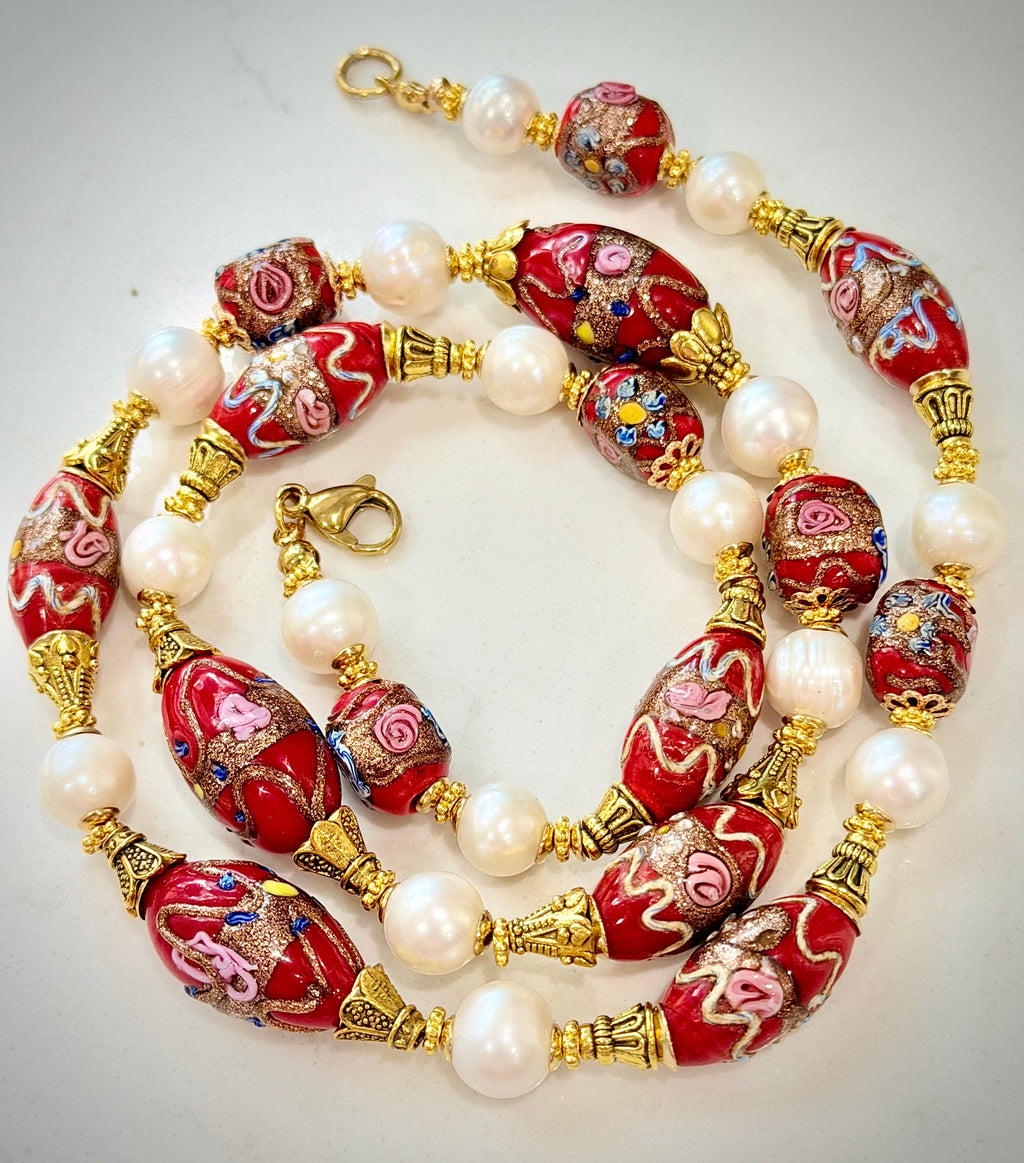 Rosario Leonardi Vintage Red Venetian Wedding Cake & White Freshwater Pearl Beaded Necklace