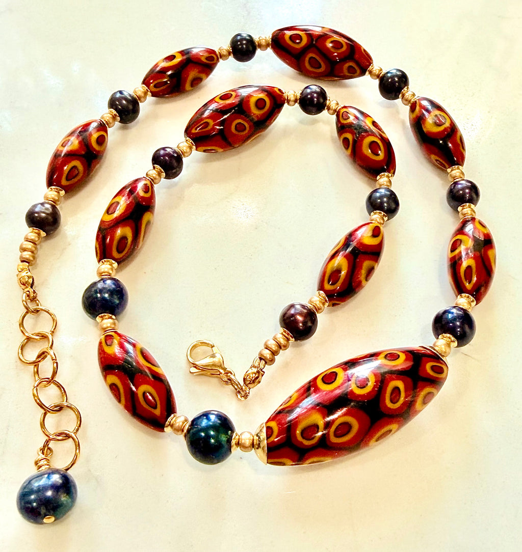 Rosario Leonardi Dramatic Red & Black Themed 22” Necklace Featuring 11mm Black Freshwater Pearls