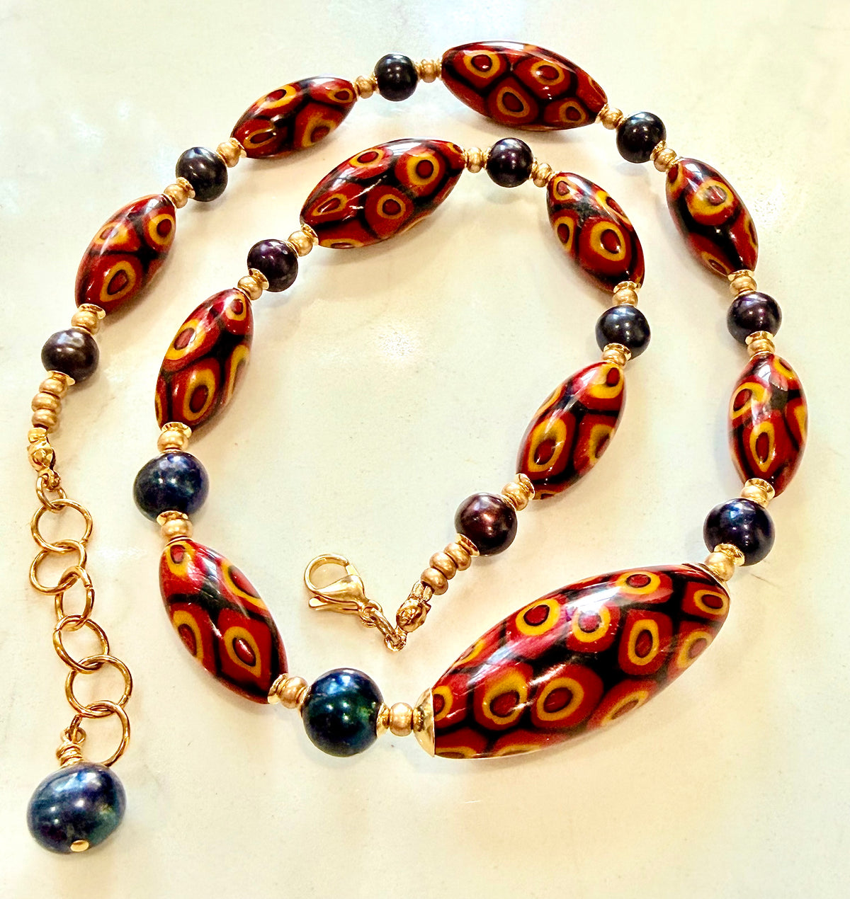 Rosario Leonardi Dramatic Red & Black Themed 22” Necklace Featuring 11mm Black Freshwater Pearls
