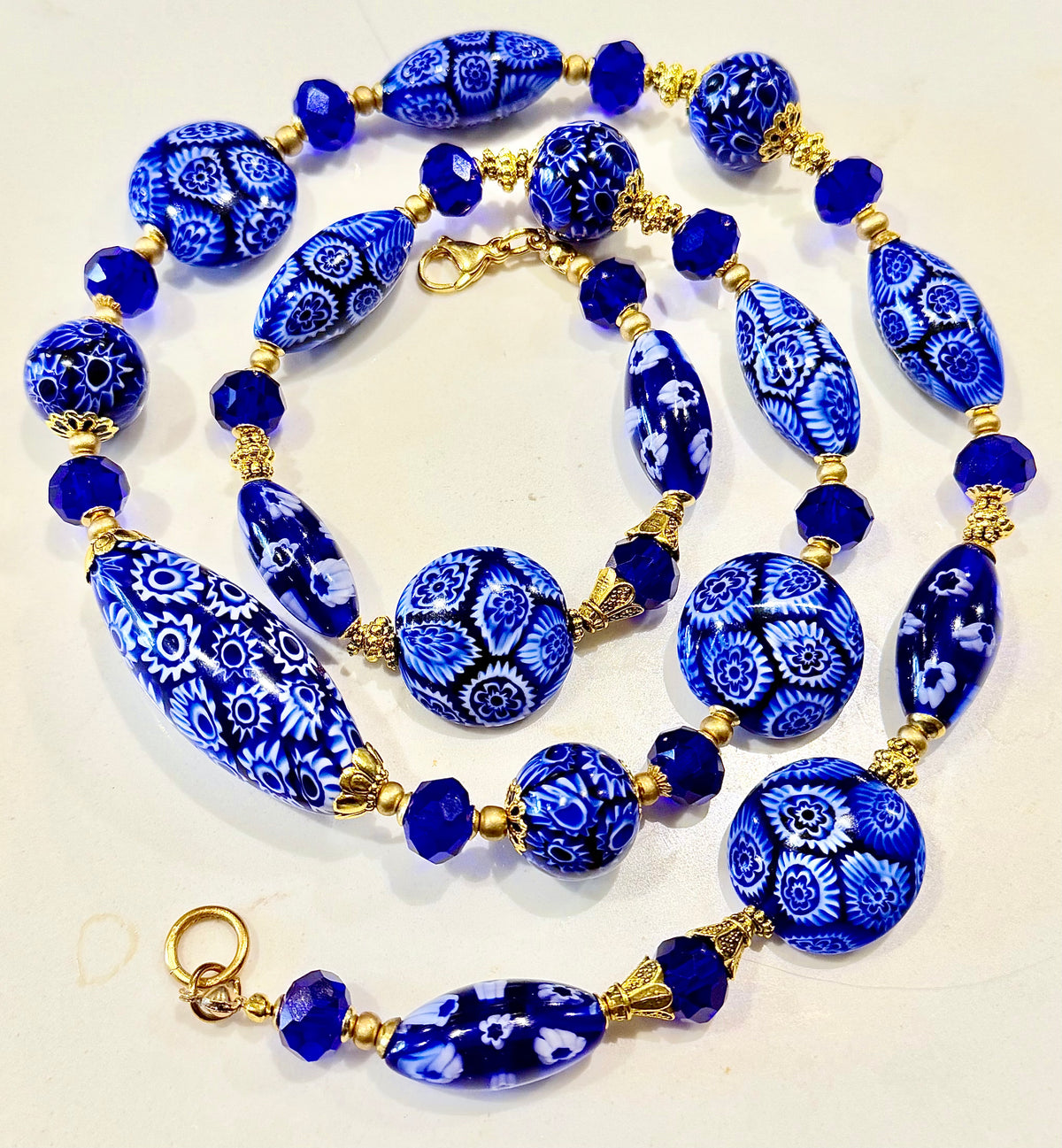 Rosario Leonardi Exclusive Ercole Moretti Cobalt Blue/ White Murano Millefiori Beaded Necklace-Choose your lenght