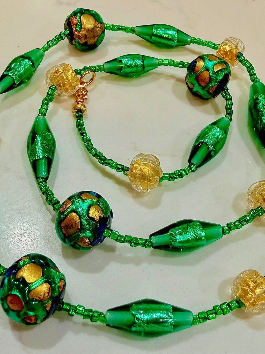 Rosario Leonardi “Boy That’s Green & Gold!” Murano Lampwork & Czech Glass Necklace, One of a Kind.
