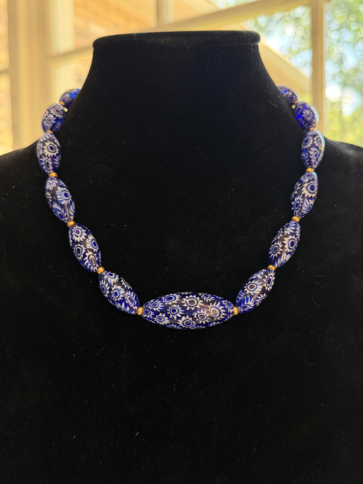 Rosario Leonardi Cobalt Blue Neckalce Featuring Handmade Murano Millefiori Torpedo Glass Beads