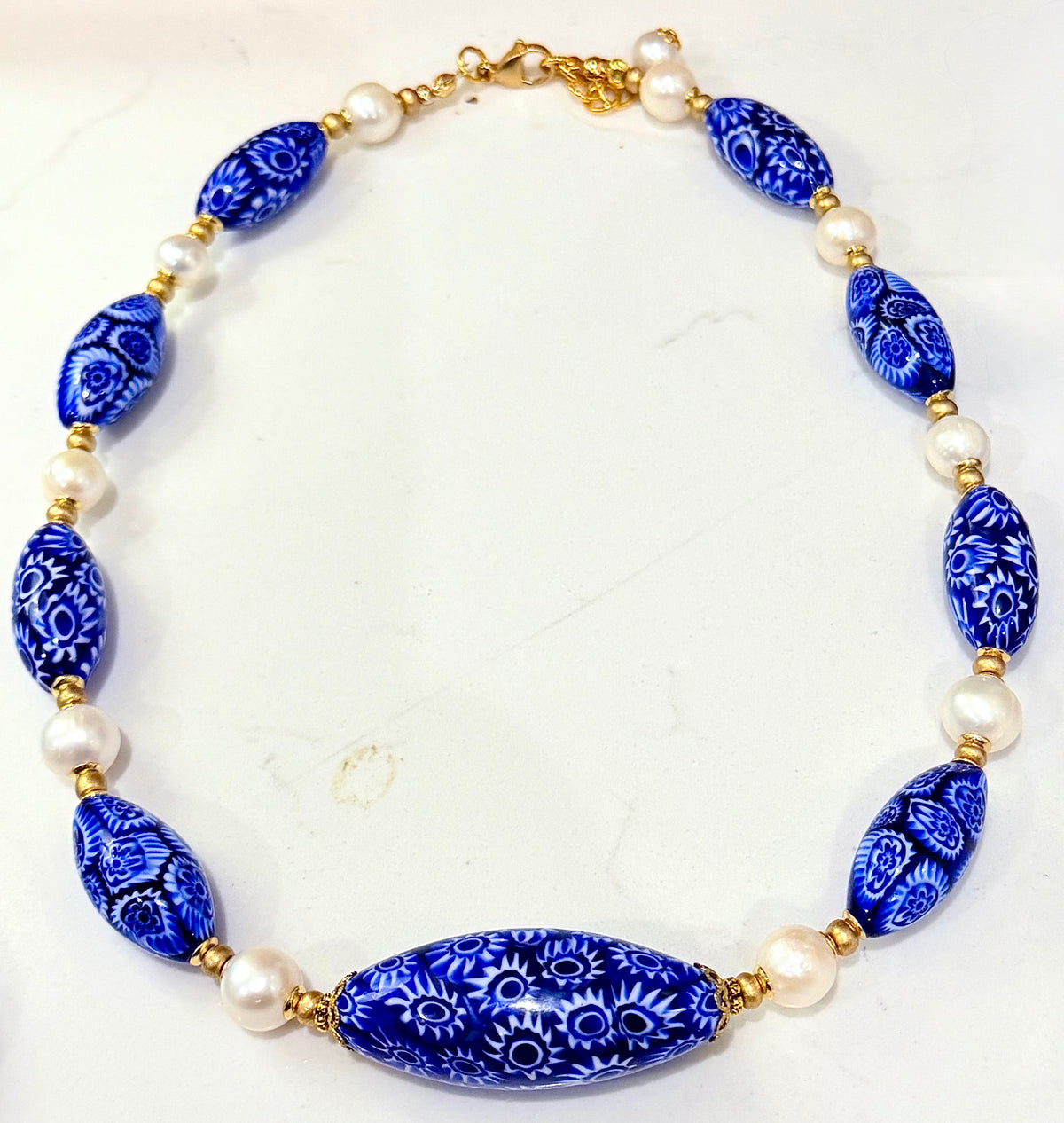 Rosario Leonardi Cobalt Blue Neckalce Featuring Handmade Murano Millefiori Torpedo Glass Beads