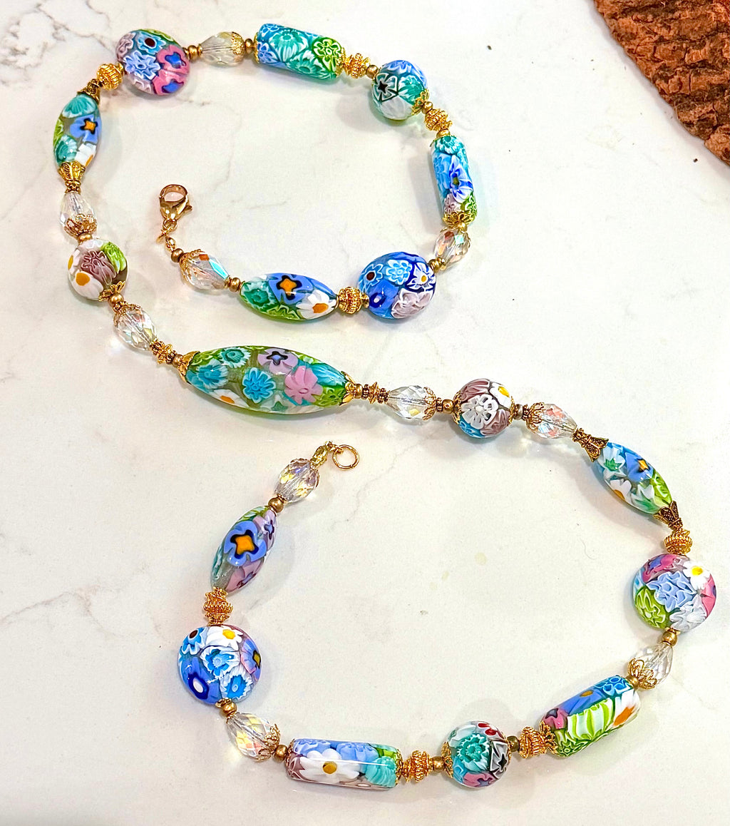 Pastel Lace Matched Millefiori Murano Glass Necklace Featuring Moretti Beads