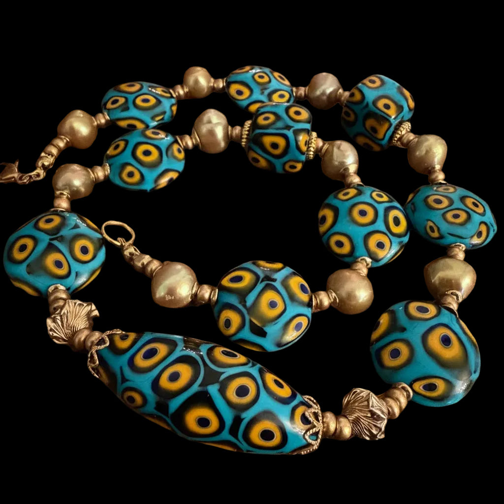 Rosario Leonardi Aqua & Yellow Themed Necklace Gold Freshwater Pearls
