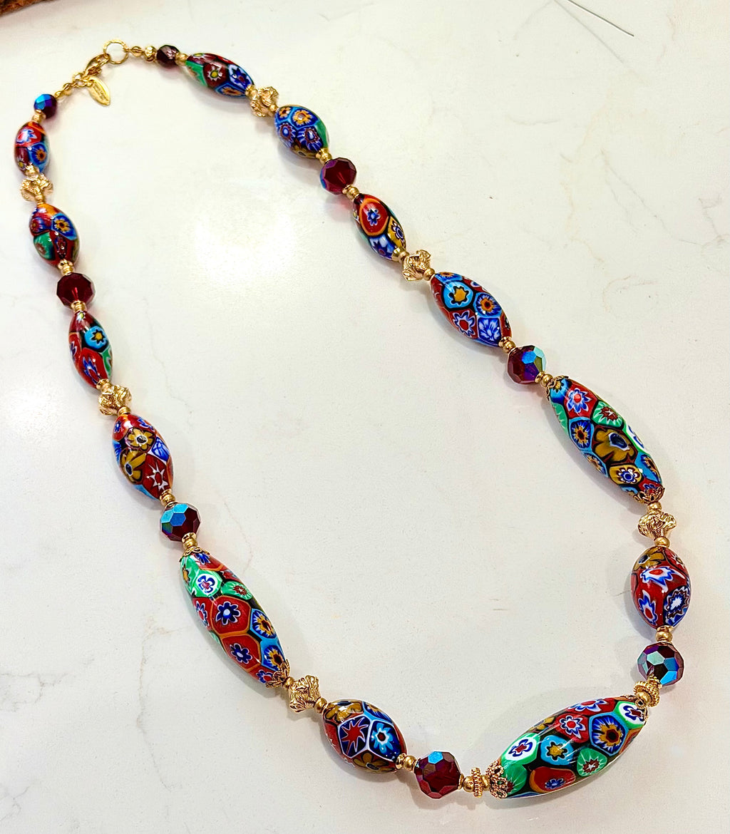 Rosario Leonardi Red Themed Necklace Featuring 12k GF Lantern Beads, Red A/B Vintage Swarovski Crystals & Exclusive Custom Beads Made just for our shop