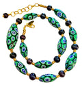Rosario Leonardi Dramatic Green & Navy Themed 22” Necklace Featuring Black Freshwater Pearls