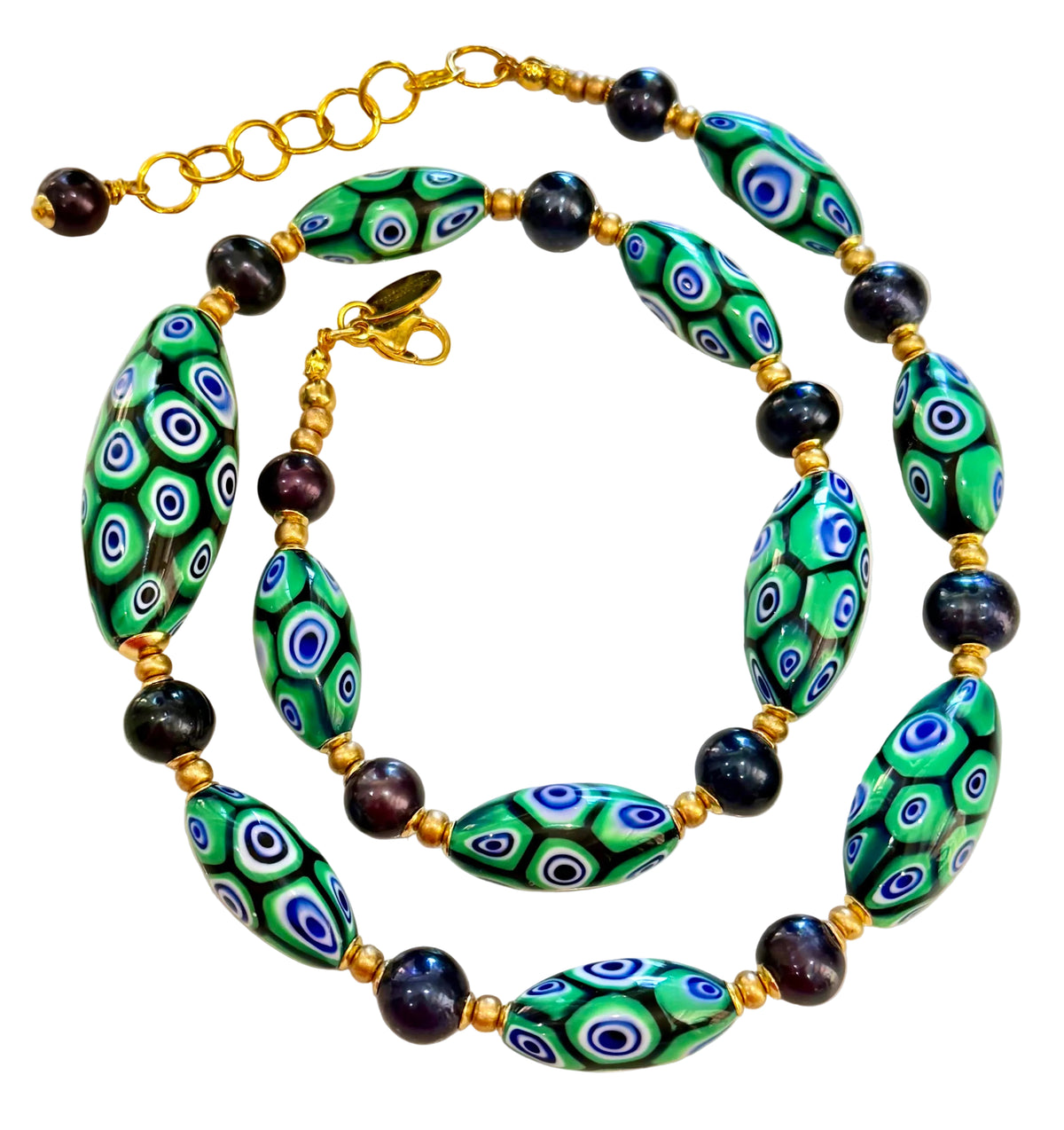 Rosario Leonardi Dramatic Green & Navy Themed 22” Necklace Featuring Black Freshwater Pearls
