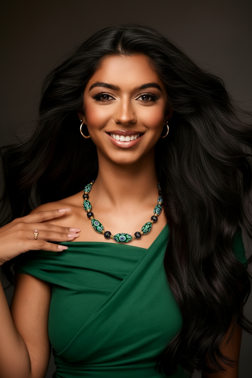 Rosario Leonardi Dramatic Green & Navy Themed 22” Necklace Featuring Black Freshwater Pearls