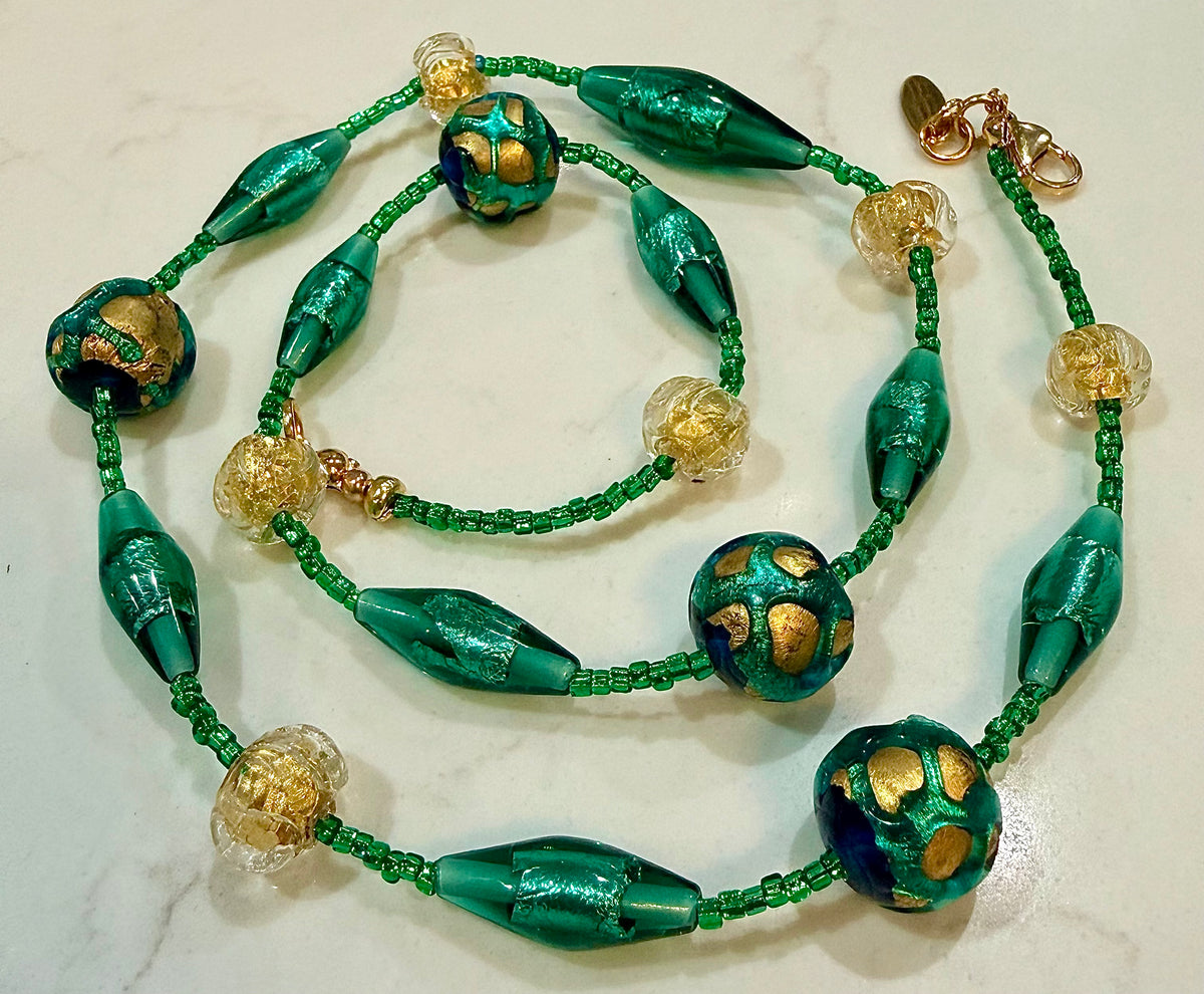 Rosario Leonardi “Boy That’s Green & Gold!” Murano Lampwork & Czech Glass Necklace, One of a Kind.