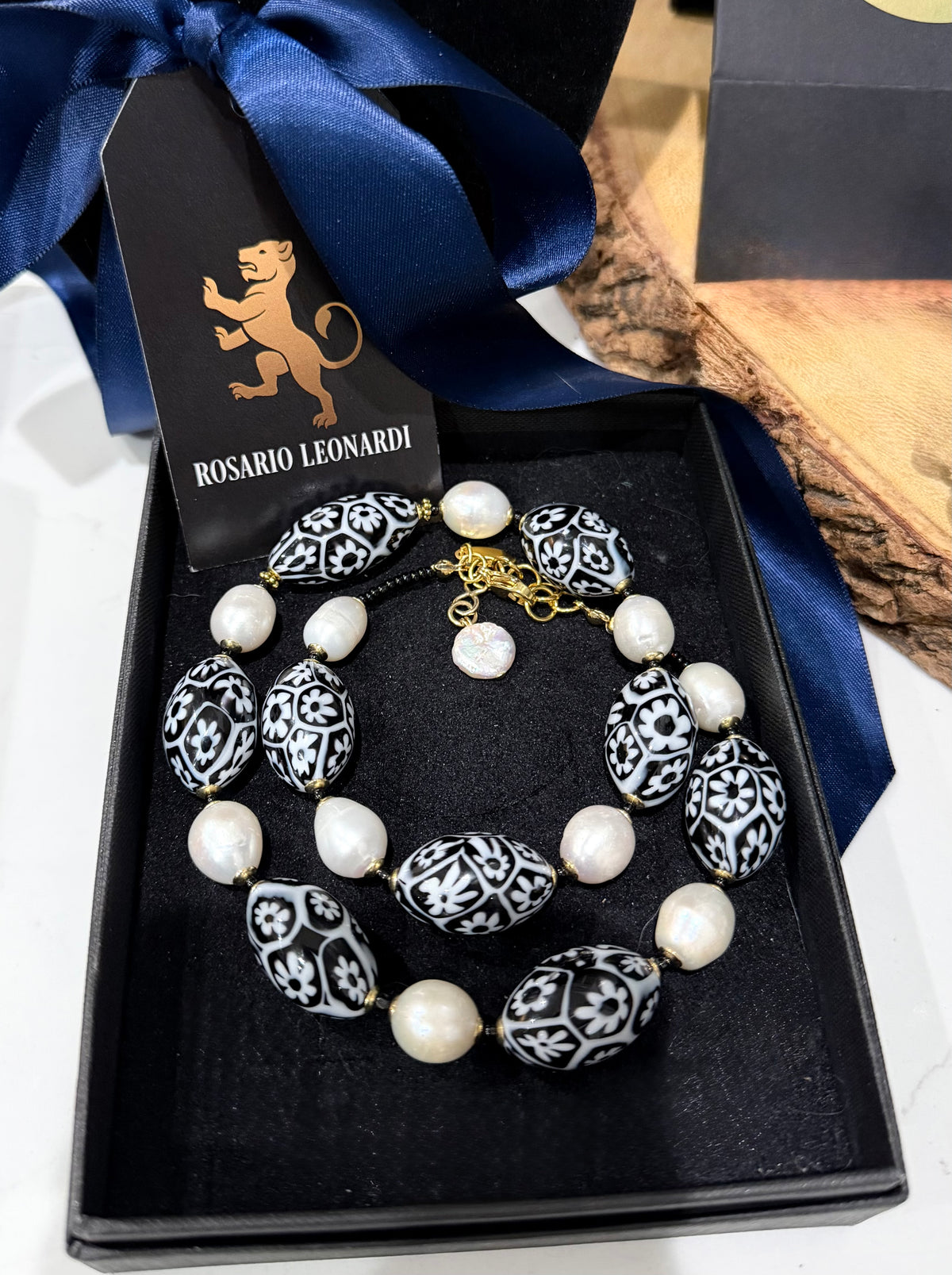 Rosario Leonardi White Freshwater Pearls With Moretti White & Black Beaded Necklace
