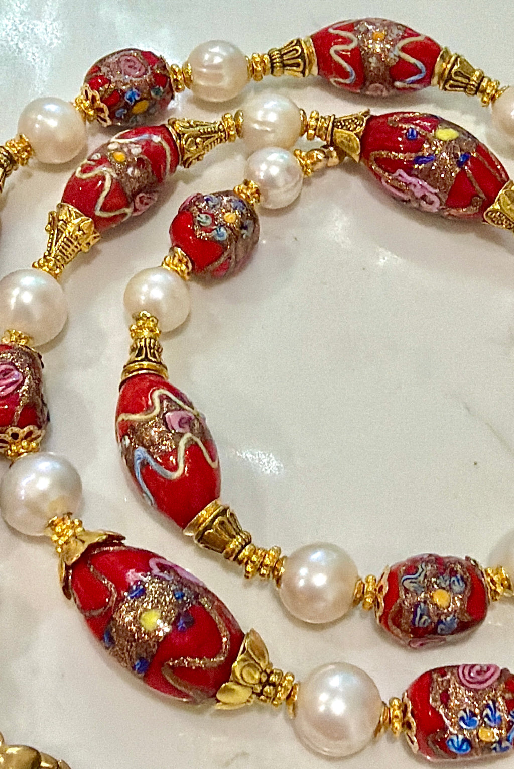 Rosario Leonardi Vintage Red Venetian Wedding Cake & White Freshwater Pearl Beaded Necklace