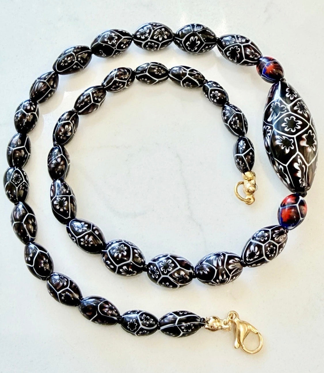 Rosario Leonardi Black & White 20” Featuring Ercole Moretti 1920’s Beads, Including an Extra Large Focal Bead