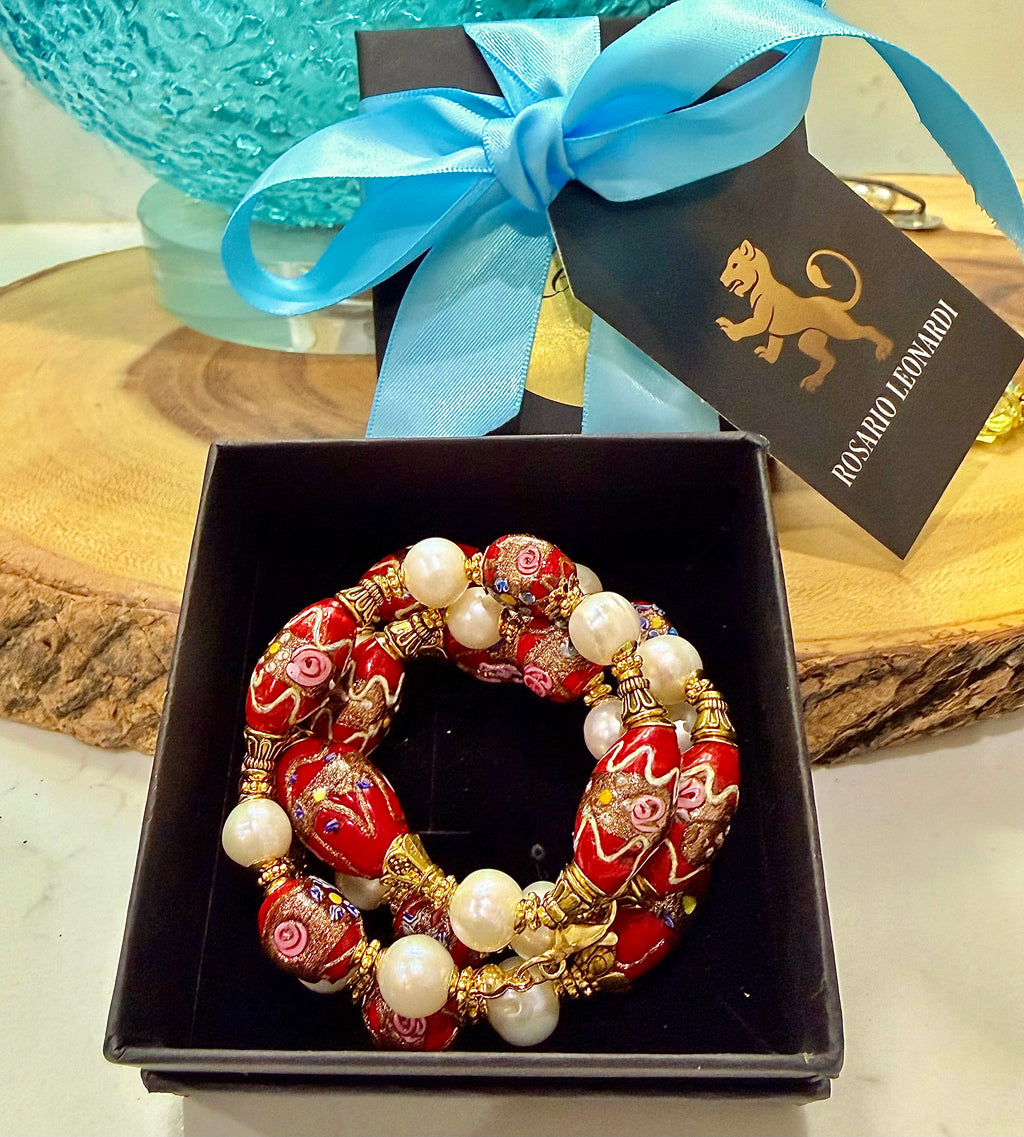 Rosario Leonardi Vintage Red Venetian Wedding Cake & White Freshwater Pearl Beaded Necklace