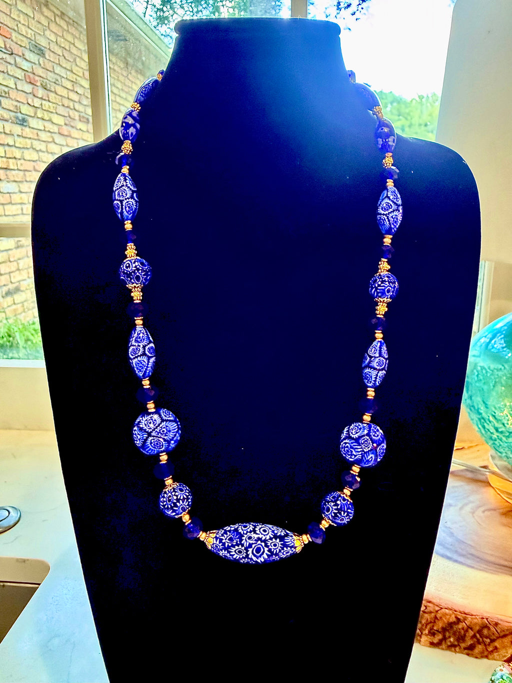 Rosario Leonardi Exclusive Ercole Moretti Cobalt Blue/ White Murano Millefiori Beaded Necklace-Choose your lenght