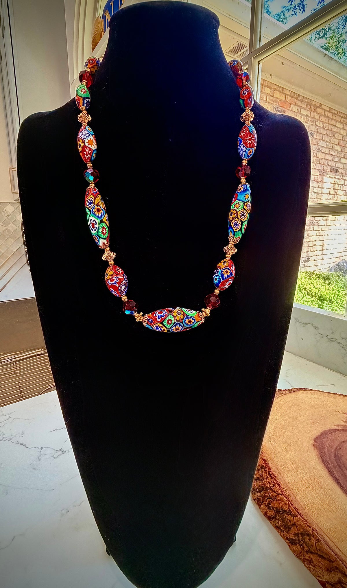 Rosario Leonardi Red Themed Necklace Featuring 12k GF Lantern Beads, Red A/B Vintage Swarovski Crystals & Exclusive Custom Beads Made just for our shop