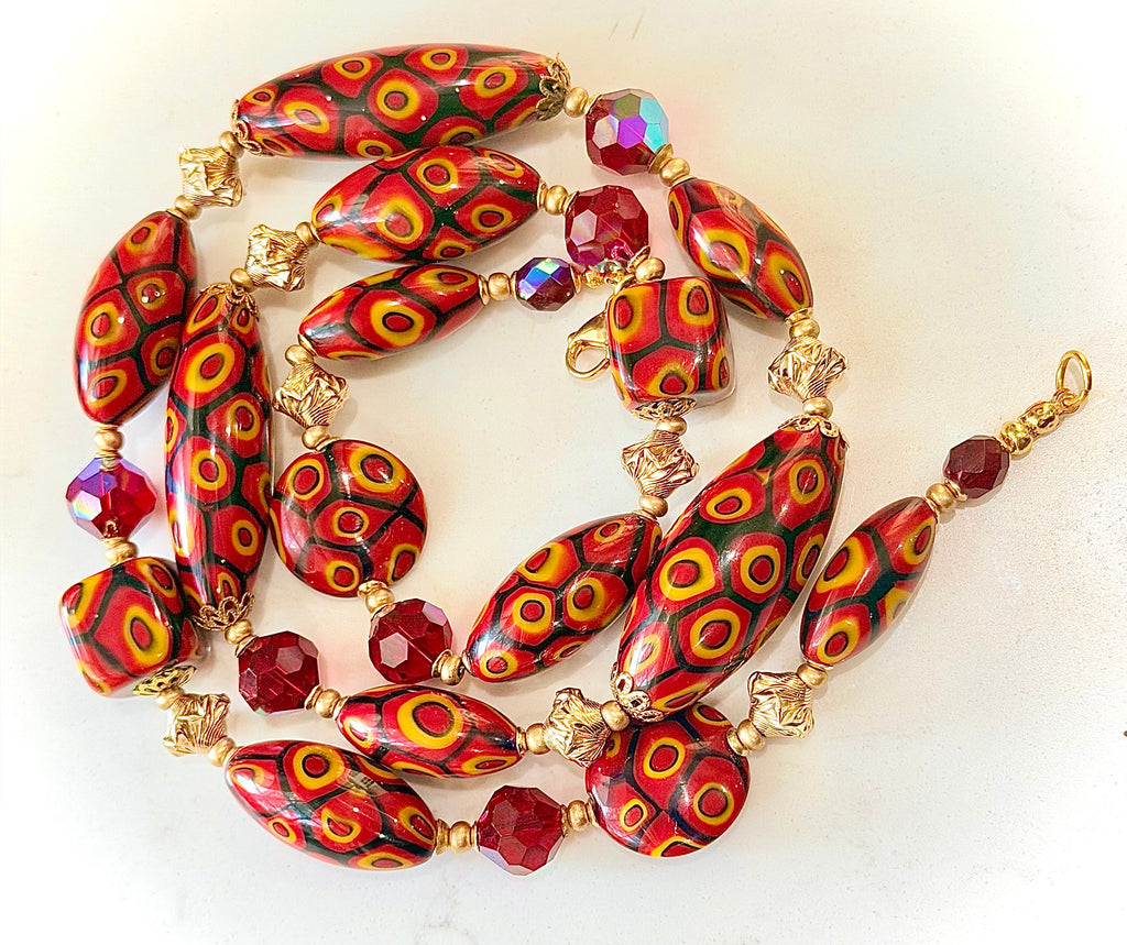 Rosario Leonardi Red & Orange Themed Necklace Featuring 12k GF Lantern Beads, Red A/B Vintage Swarovski Crystals & Exclusive Custom Beads