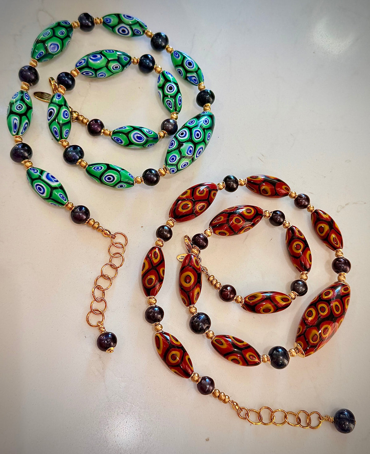 Rosario Leonardi Dramatic Green & Navy Themed 22” Necklace Featuring Black Freshwater Pearls