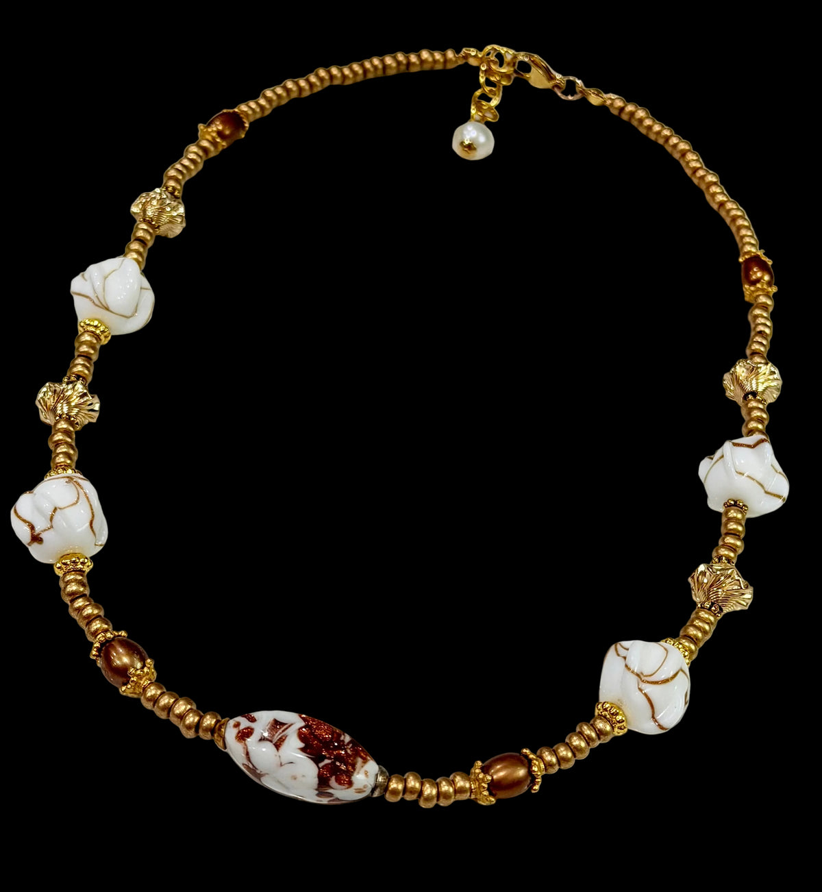 Petite Rosario Leonardi Gold Aventurine Themed Necklace Featuring Pearls, 12k Gold Filled Beads, German Glass & Ercole Moretti Focal Bead