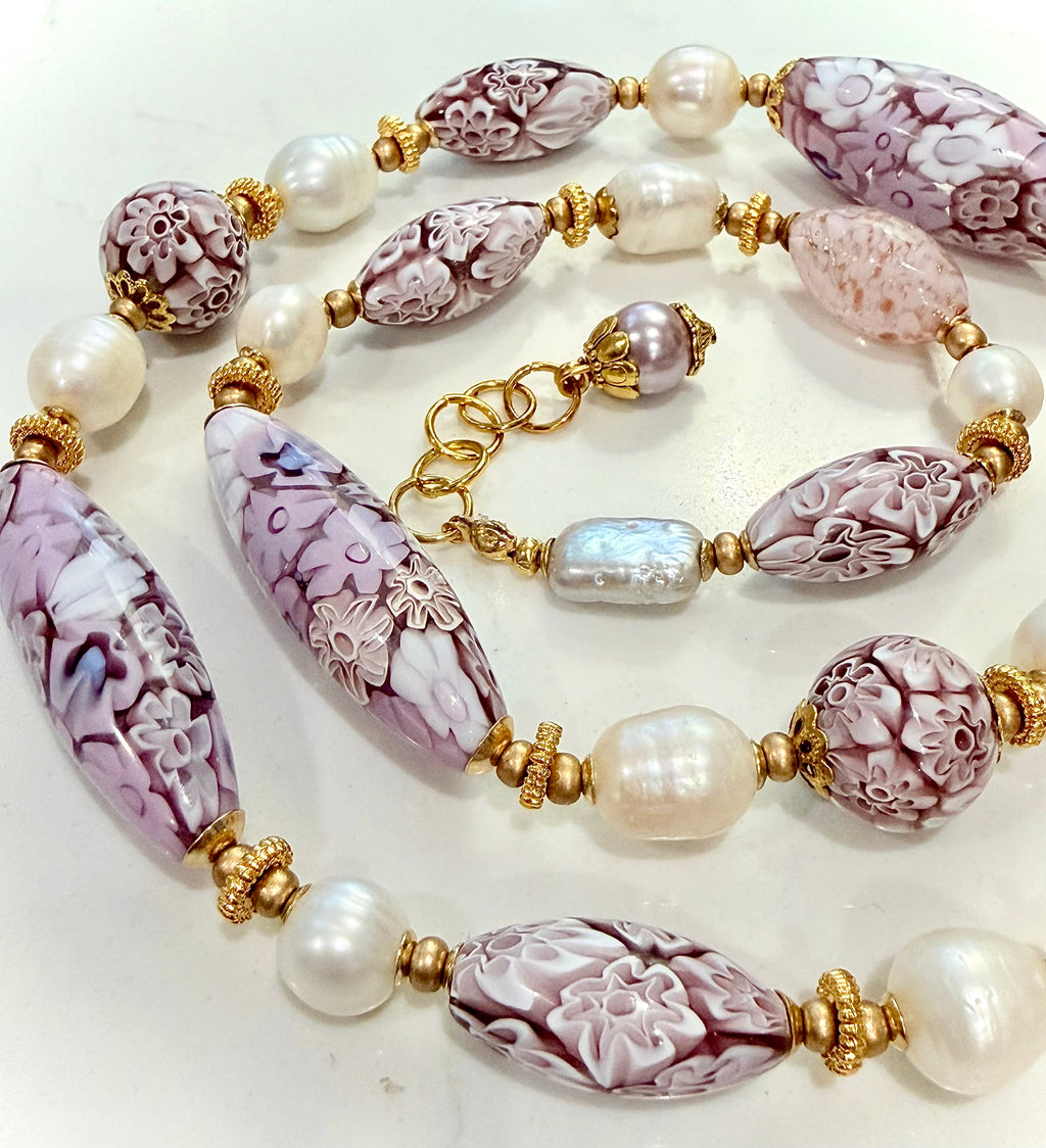 26”Rosario Leonardi Pale Pink Neckalce Featuring Exclusive Murano Millefiori Glass Beads