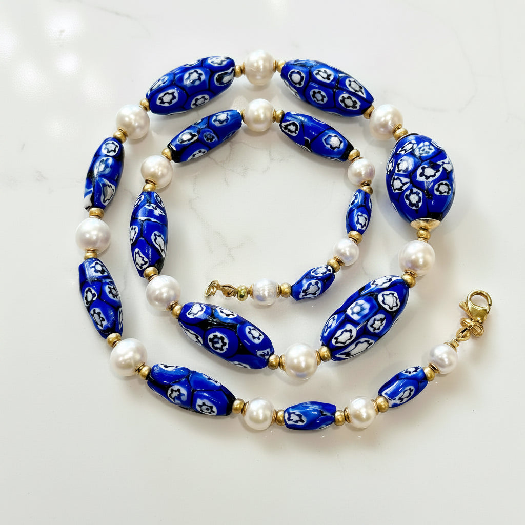 One Of A Kind 22”Blue & White Murano Glass Beads Paired with Fine White Freshwater Pears